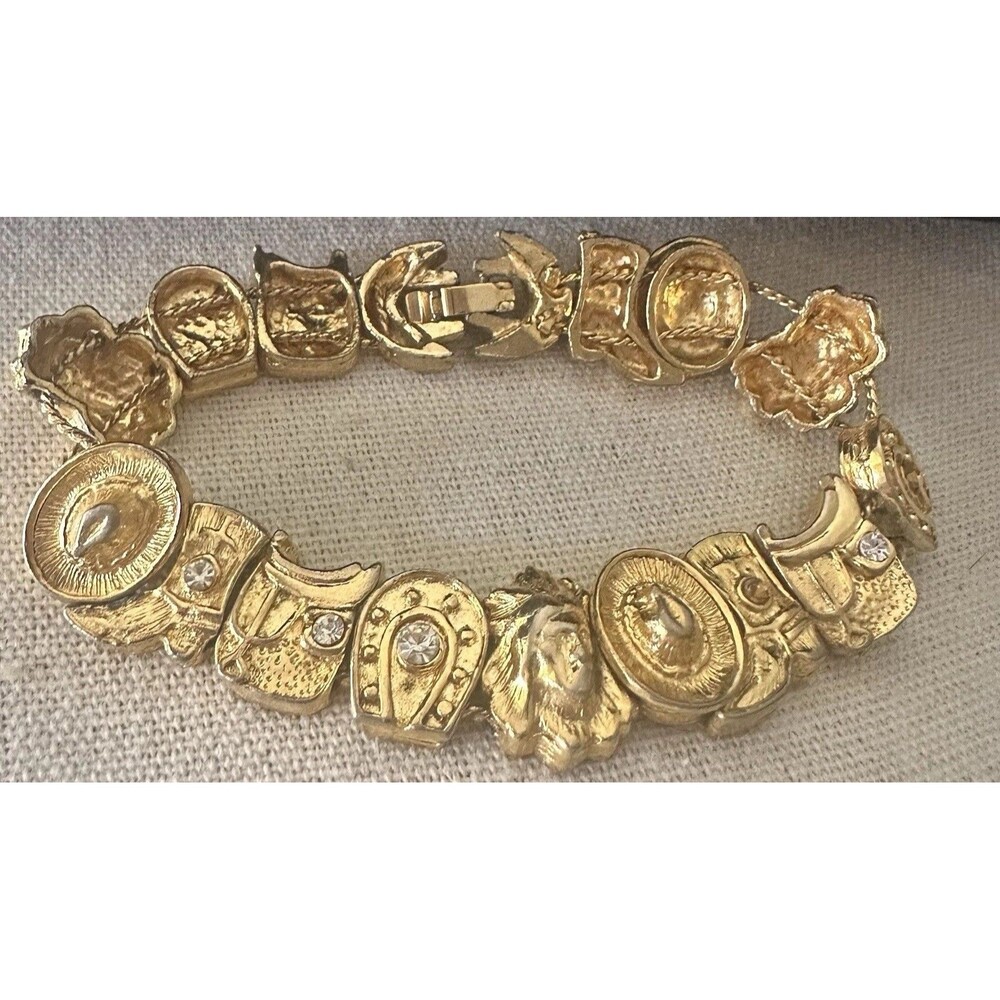 Vintage Western Slide Bracelet Gold Tone Cowboy Hat Boot Horse Rhinestones